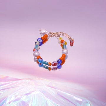 Kleurrijke armband met millefiori kralen, glaskralen & polariskralen