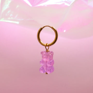 Stainless steel oorbel met paarse gummy bear