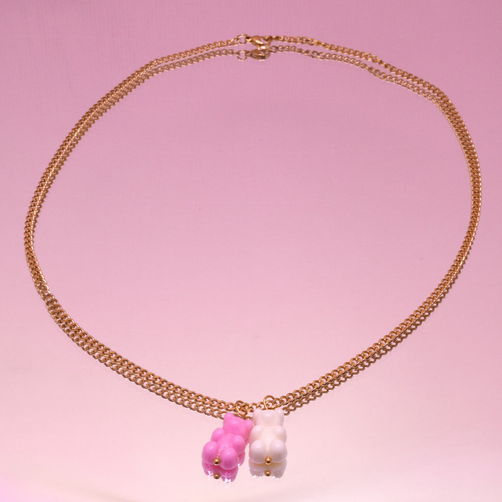 Stainless steel ketting met 1 felroze gummy bear en 1 beige gummy bear 
